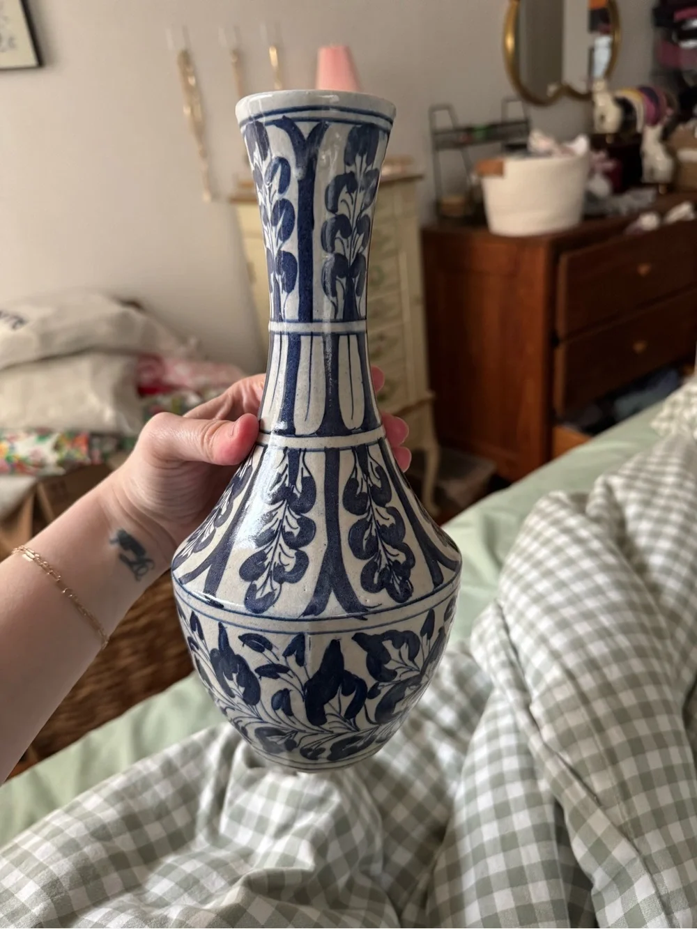 Vintage Hand Painted India Blue White Pottery Vase